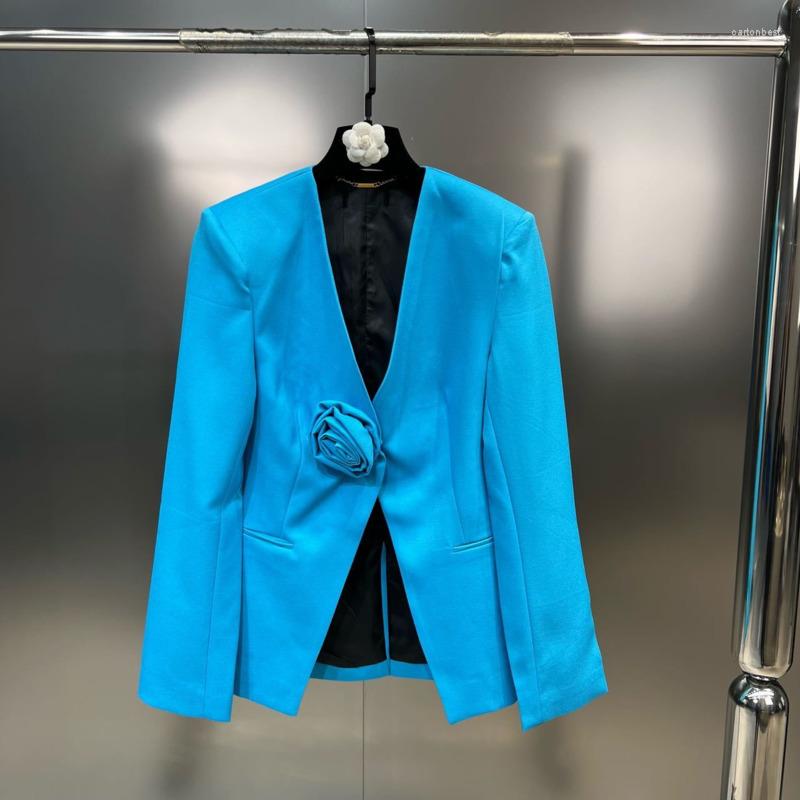 

Women' Suits PREPOMP 2023 Spring Collection Y2K Fashion 3D Rose Flowers Petal Appliques V-Neck Lake Blue Slim Blazer Jacket Women GH913, Aqua blue