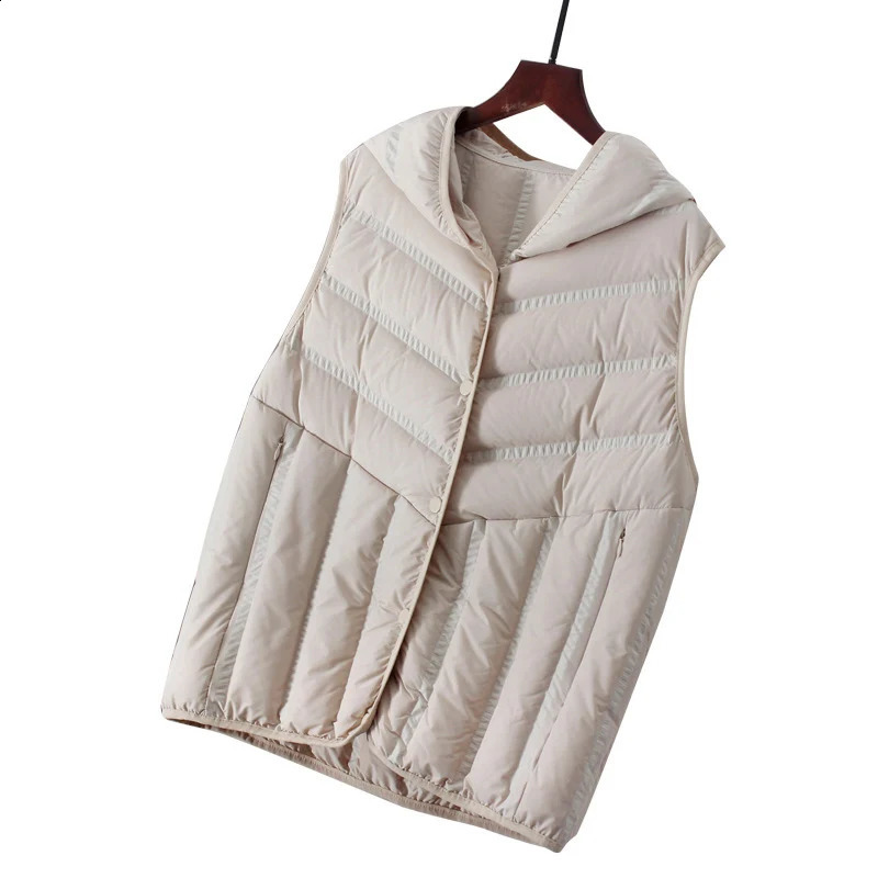 Women's Vests Schinteon Women Ultra Light White Duck Down Sleeveless Vest with Hood Korean Style Autumn Winter Gilet Top Casual Waistcoat 231118