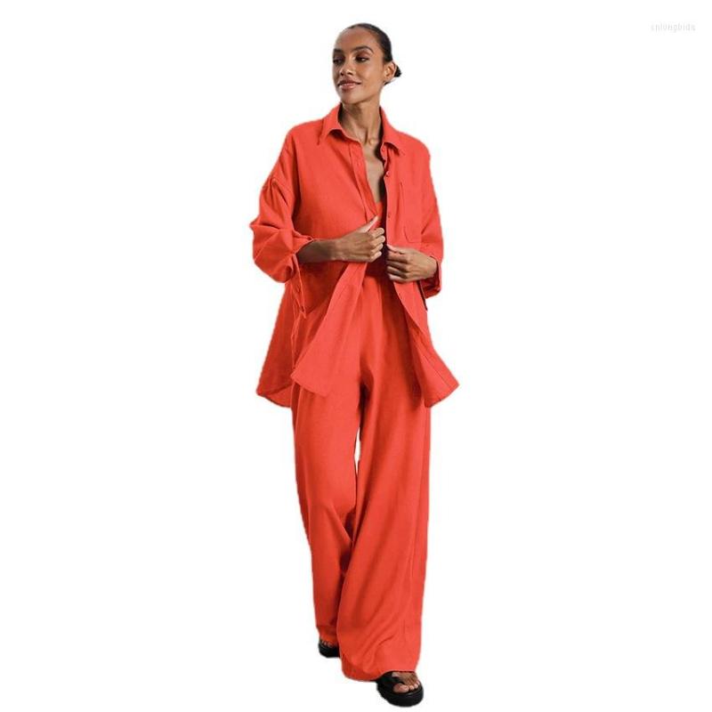 Women's Two Piece Pants 2023 Spring Summer Fashion Casual Suit Solid Color Lapel Long-sleeved Shirt Top Set Womens Outfits