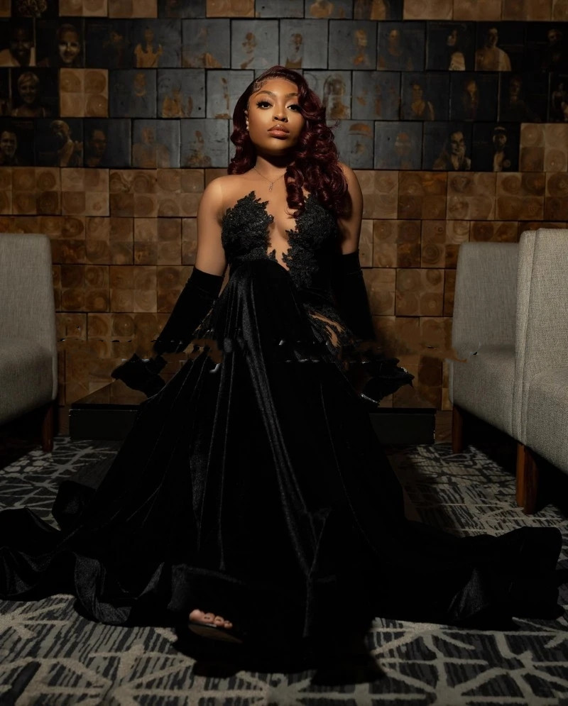 Sexy Black Mermaid Prom Dresses 2024 Lace Velvet African Women Party Gowns Sequin Vestidos De Ocasion Formales