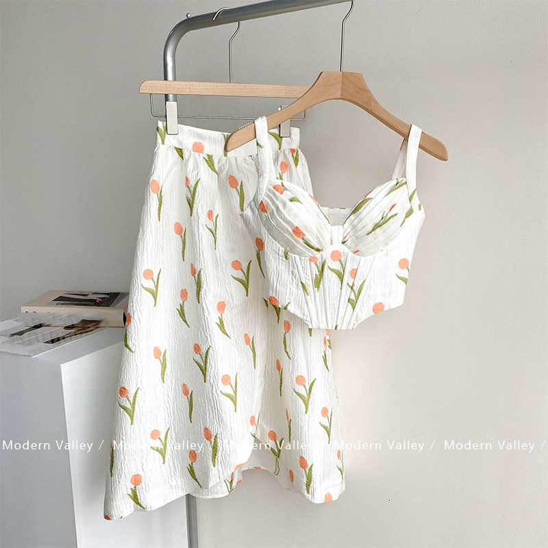 Camisoles Tanks Fashion Floral Print Camisole Women Sexy Backless Cropped Top Tank Tops High Waist A-Line Skirt OL Sets Spring Summer 230421