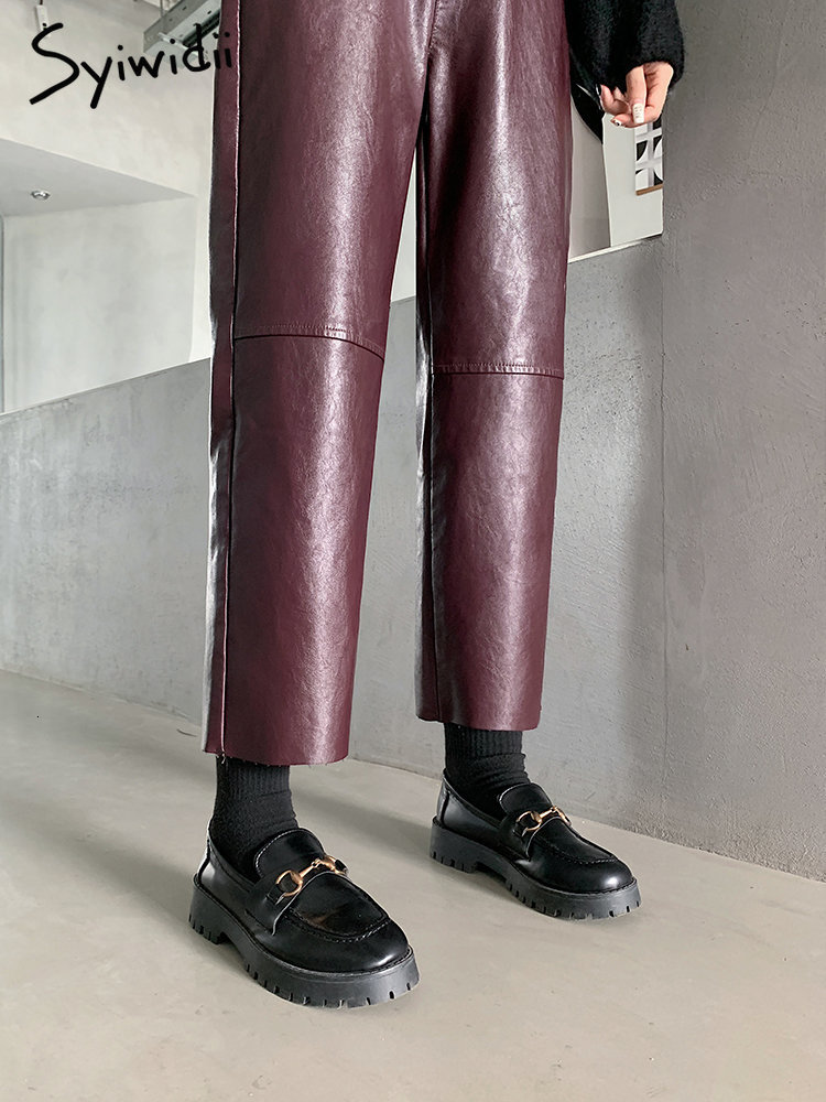 Women's Pants Capris Syiwidii Burgundy Leather Pants Women Wide Leg Trousers Korean Style Y2k Fashion Loose Pants High Waisted Black Pu Baggy Pan