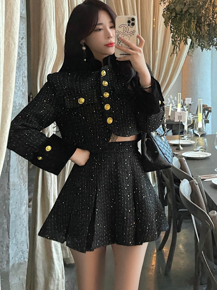 Two Piece Dress British style Patchwork Tweed Short Jacket Women's Two Piece Sets Outfits Female Y2k Retro High Waist Pleated Skirt 2 Piece Set 2