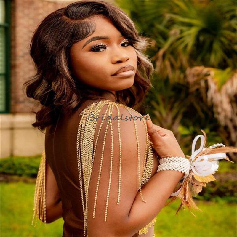 New Brown Black Girls Prom Dress Tiered Bottom Illusion Mermaid Evening Gown With Beaded Lace Aso Ebi Formal Birthday Party Wear South African Pageant