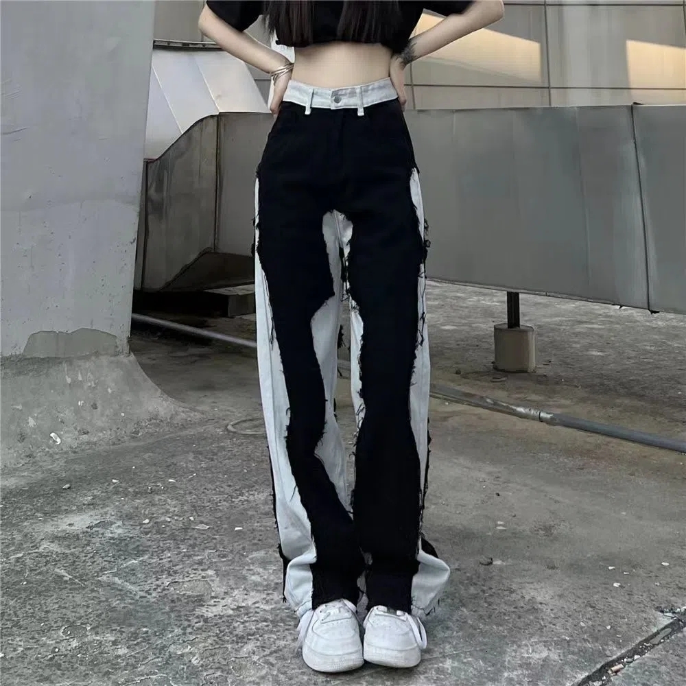 Women's Jeans Harajuku High Street Splicing Straight Jeans Female Fashion Gothic Clothing Y2K Streetwear Wide Leg Baggy Jeans Pants Woman 230421