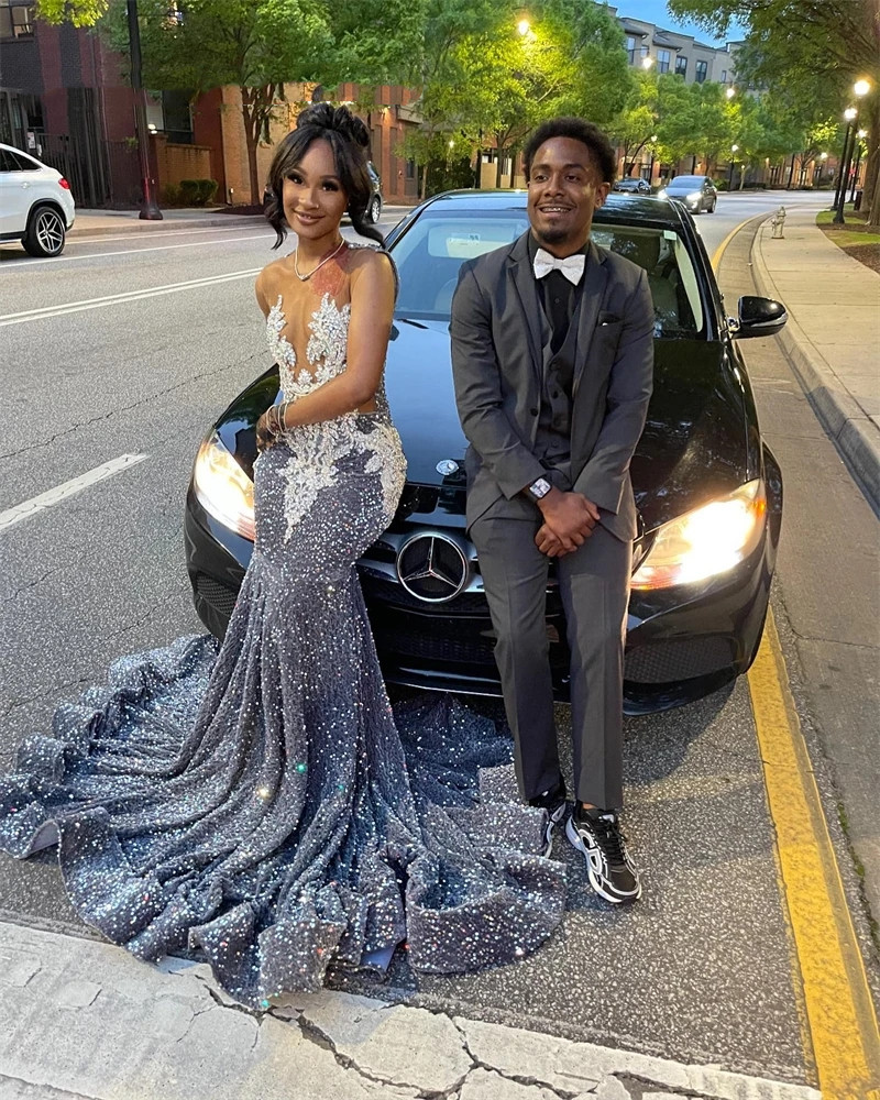 Sier Sheer O Neck Long Prom Dress For Black Girls 2024 Sparkly Sequined Birthday Party Dresses Appliques Evening Gowns Merma New