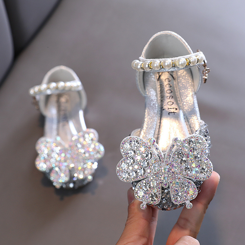Sandals Kids Sequined Bowknot Princess Shoes Children Silver Pink Leather Shoes Wedding Party Girls Dance Performance Shoes G528 230421
