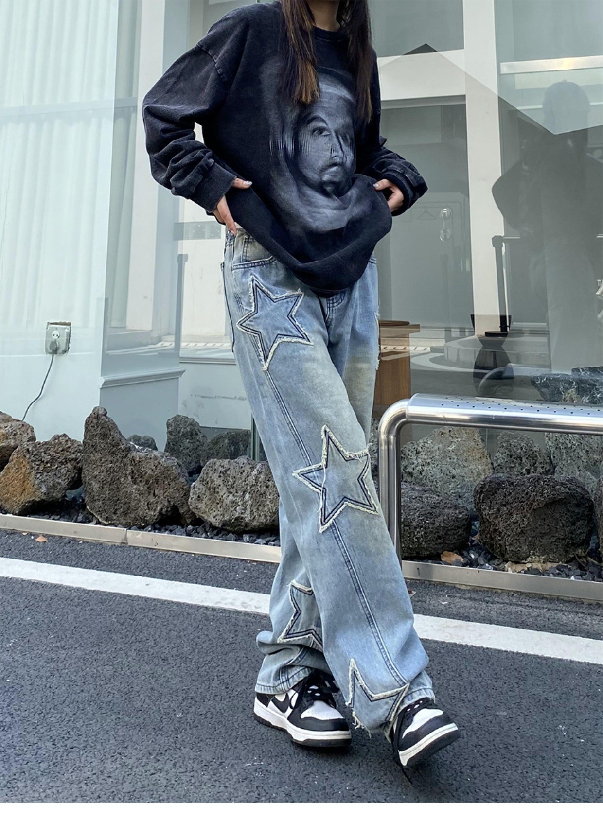 Women's Jeans Tawaaiw American Retro Pentagram Straight Women Jeans Femme Blue Denim Trousers Autumn Spring Boyfriend Jeans For Women Y2k 230421