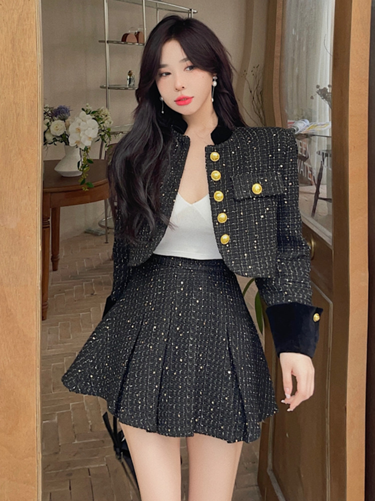 Two Piece Dress British style Patchwork Tweed Short Jacket Women's Two Piece Sets Outfits Female Y2k Retro High Waist Pleated Skirt 2 Piece Set 2