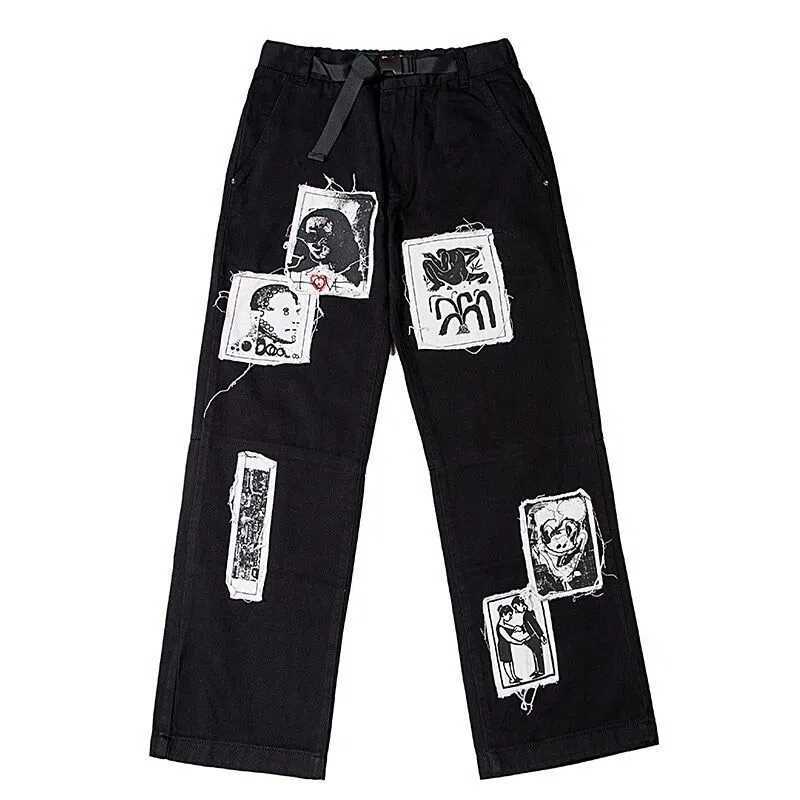 Men's Jeans Korean Fashion Unisex High Waist Hippie Pants Baggy Jeans Trousers Graffiti Comic Stickers Harajuku Straight Wide Leg Y2k Pants J2304