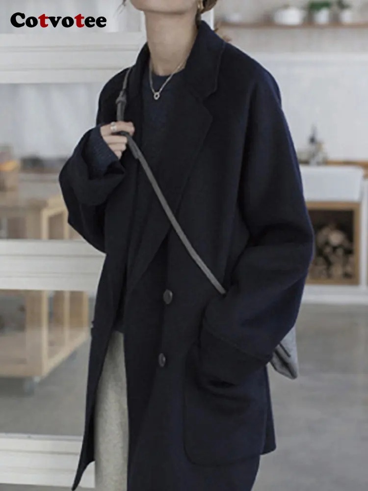 Women's Wool Blends Cotvotee Coat for Women Fashion Vintage Office Lady Loose Pockets Turn Down Collar Double Breasted Casual 231120