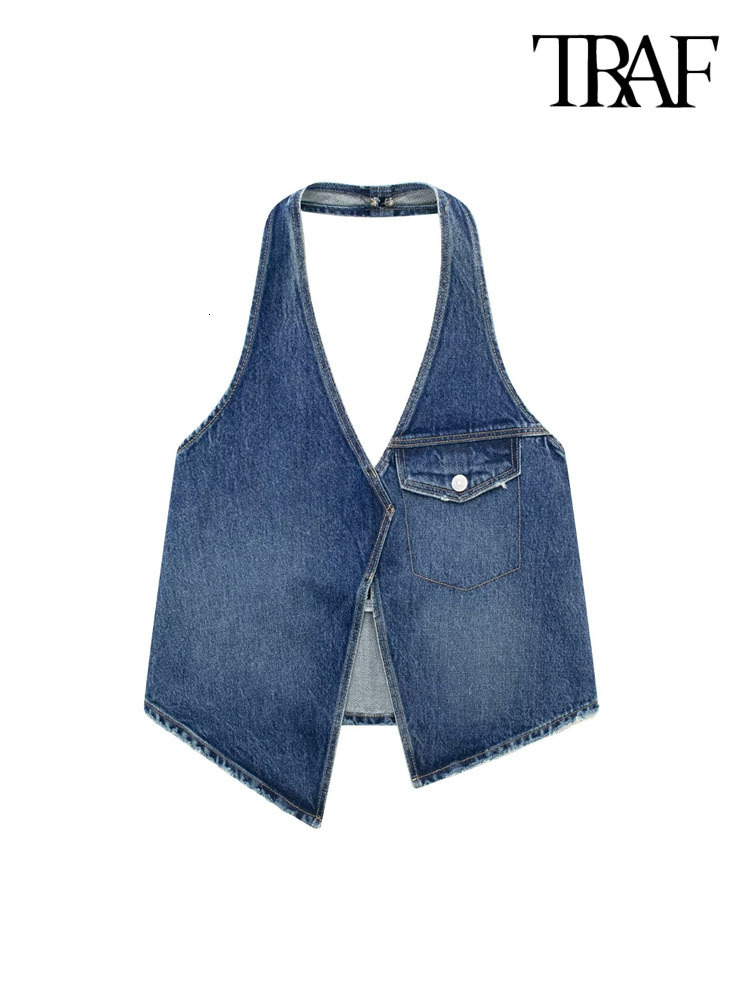 Womens TShirt TRAF Women Fashion With Flap Denim Asymmetric Tank Tops Sexy Backless Halter Neck Side Zipper Female Camis Mujer 230420