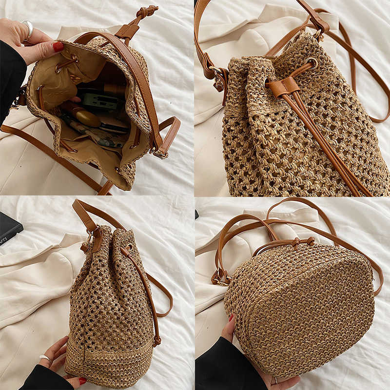 Evening Bags Drawstring Women's Straw Bucket Bag Summer Woven Shoulder Bags Purse Beach Handbag Trends Straw Handbags Casual Crossbody Bag J23042