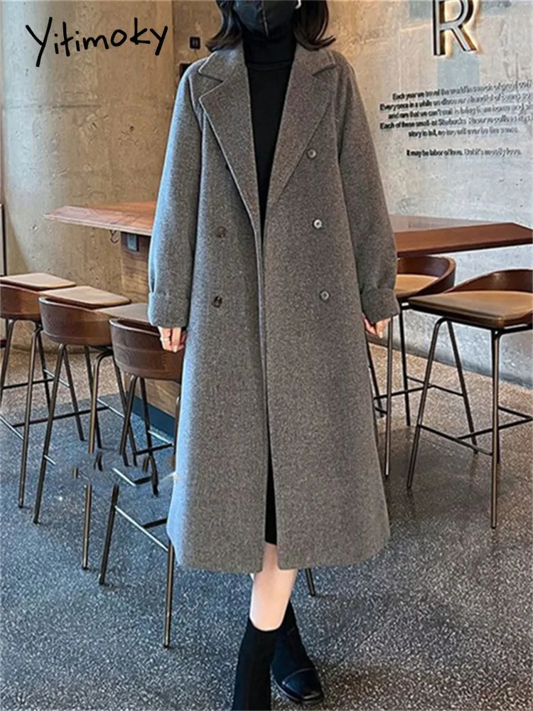 Women's Wool Blends Yitimoky Thicken Warm Coat Women 2023 Vintage Double Breasted Long Jackets Casual Loose Turn Down Collar Winter 231120