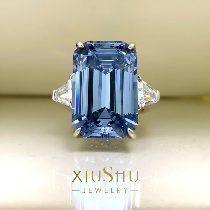 Wedding Rings Gaoding Big Rock Sugar Blue Grey High Carbon Diamond Ring Emerald Cut Index Finger Cool Wind Premium European And American 231120
