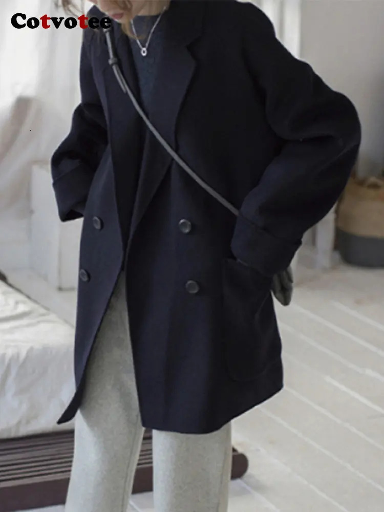 Women's Wool Blends Cotvotee Coat for Women Fashion Vintage Office Lady Loose Pockets Turn Down Collar Double Breasted Casual 231120