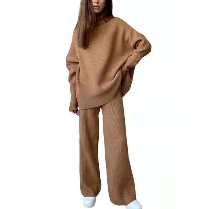Womens Two Piece Pants Retro Turtle Neck Knitted Set Autumn and Winter Long Sleeve Flower TopWide Leg Trouser Solid 231120
