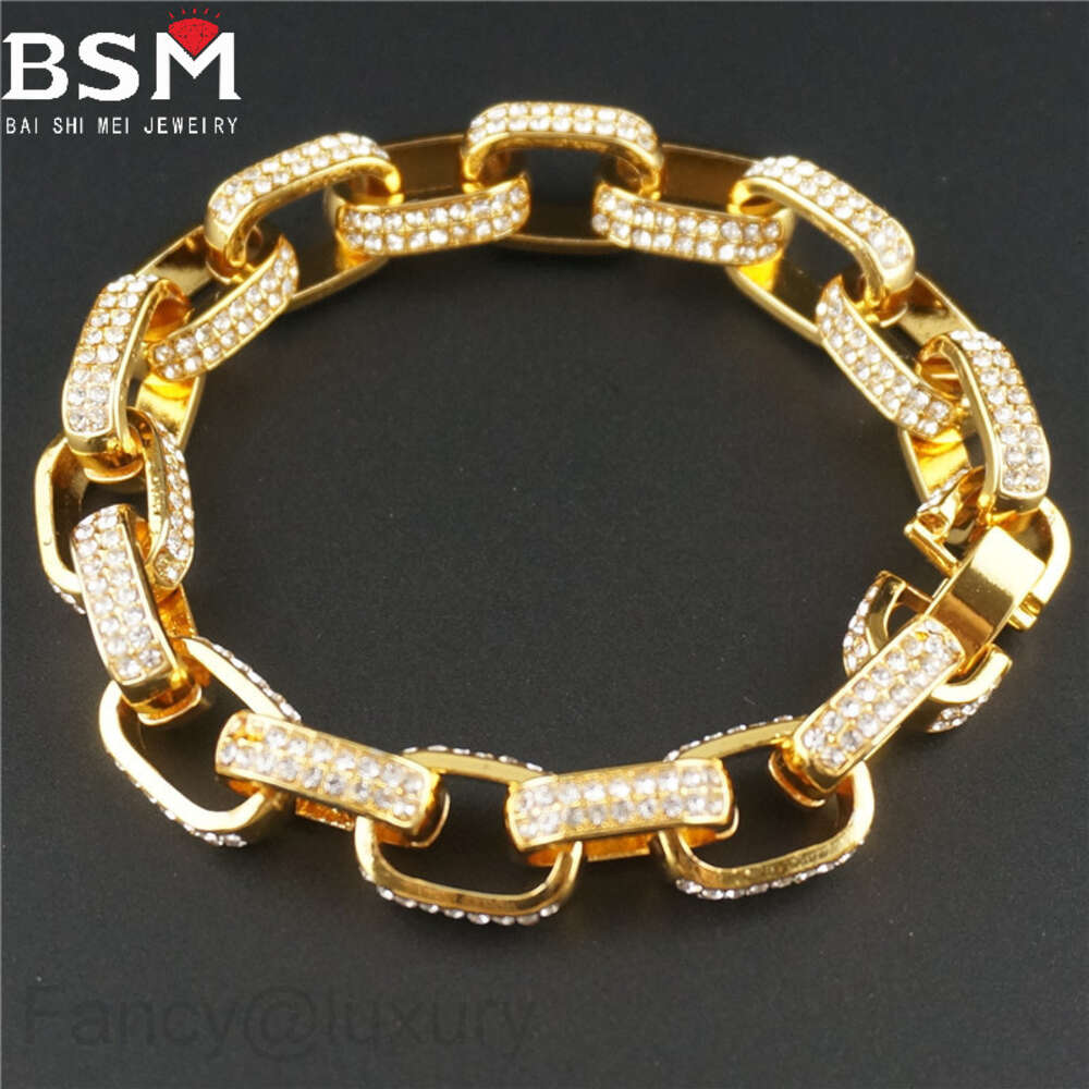 Simple square three-dimensional box chain full of rhinestones hiphop trendy Cuban chain bracelet thick bracelet