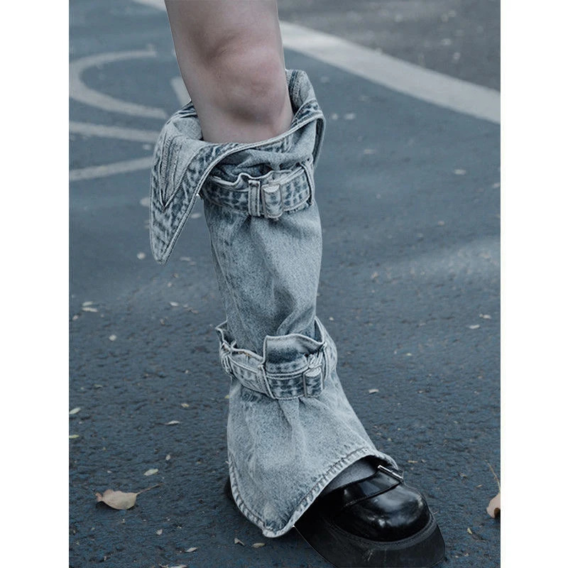 Socks Hosiery Women s Y2K Denim Leg Warmers 80s Knee High Harajuku Buckle Jean Punk Gothic Cover Stockings Streetwear 231120