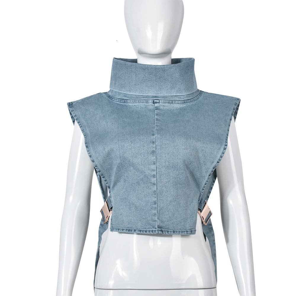 Womens TShirt Crop Top Denim Vest Sleeveless Buckle Side Hollow Out Korean Style Turtleneck Jeans Tank Streetwear y2k Clothes 230420