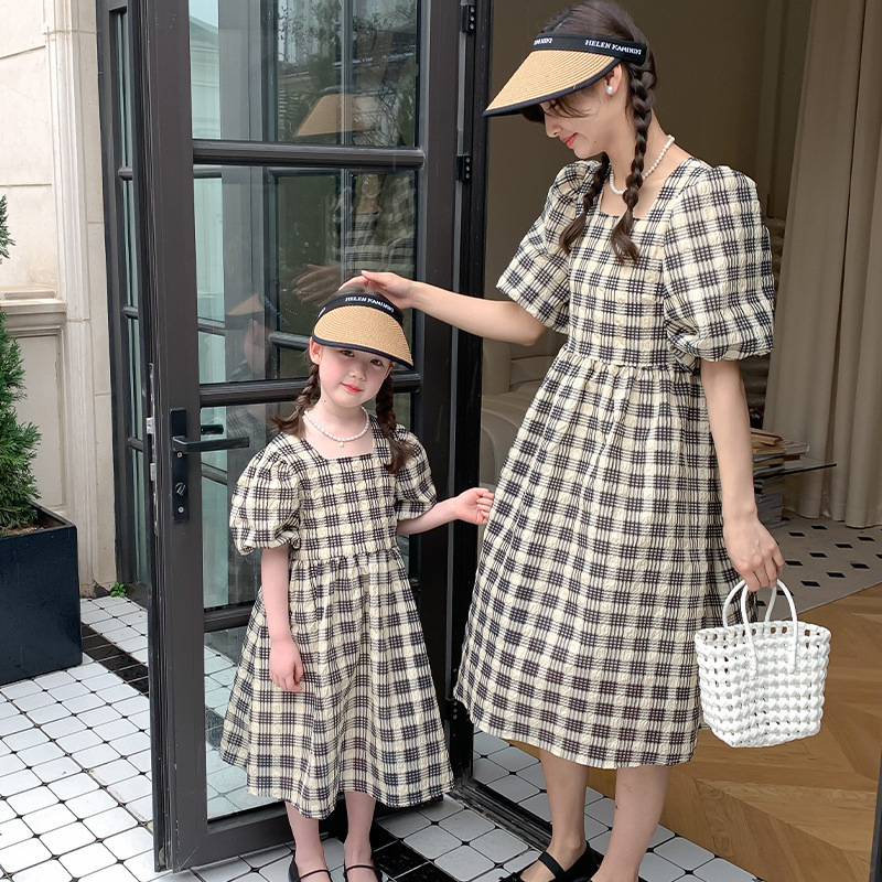 Family Matching Outfits Mother and Daughter Matching Plaid Dress Pink Summer Mom Baby Girl Same Short Sleeve Cute Dress Korean Style Women Clothing 23