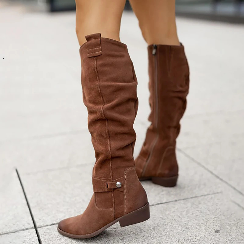 Boots Women Knee High Boots Solid Color Suede Lady Flats Winter Warm Comfortable Female Shoes Point Toe Sexy Zipper Low Heel Tall Boot 231120