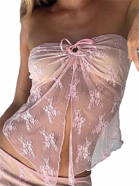 Womens TShirt CHRONSTYLE Lace Bustiers Corsets Strapless Off Shoulder Tube Tops Party Clubwear Mesh See Through Tank Summer Mini Vest 230420