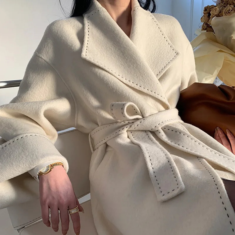 Women's Wool Blends Women Real Coat Lady's Fashion Winter Autumn Chic Jacket Belt Long Sleeve Pockets Trench Hx5780 231120