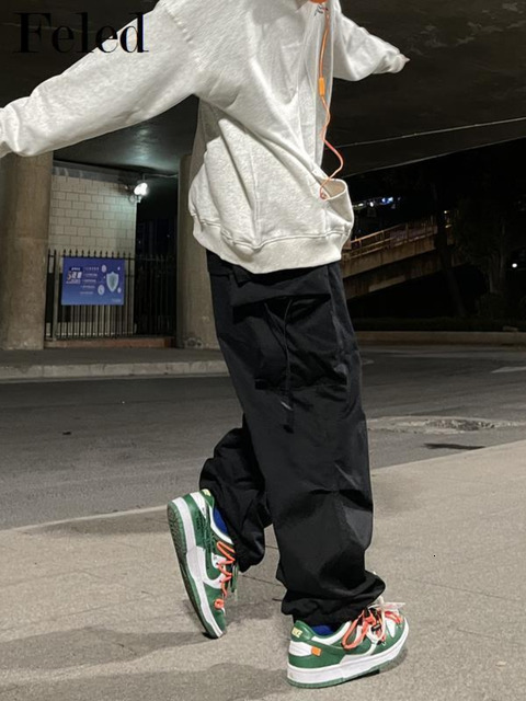 Women's Pants Capris HOUZHOU Retro Hippie Gray Baggy Parachute Pants Women Y2K Streetwear Oversize Pockets Wide Leg Cargo Trousers Female Harajuk