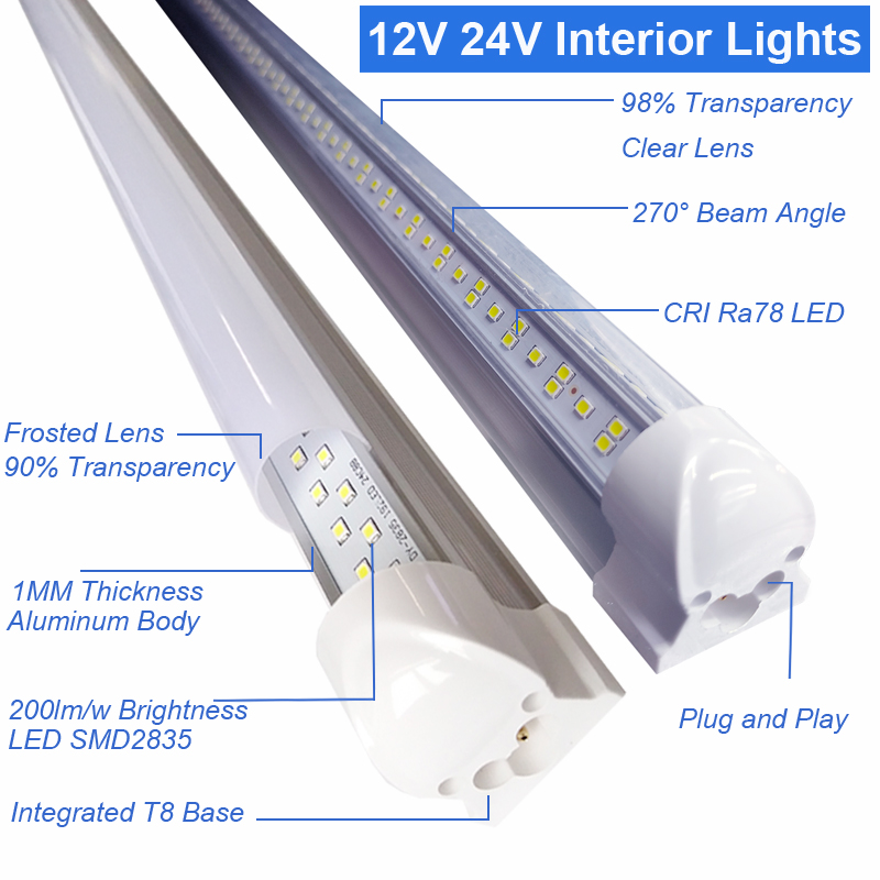 12V 24V 36V 5Ft LED Tubes Interior Light Bar 5Ft 150CM 60 Inches 25W 240LEDs 5000LM Led Strip Lights for Enclosed Cargo Trailer, Car RV Van Truck Lorr