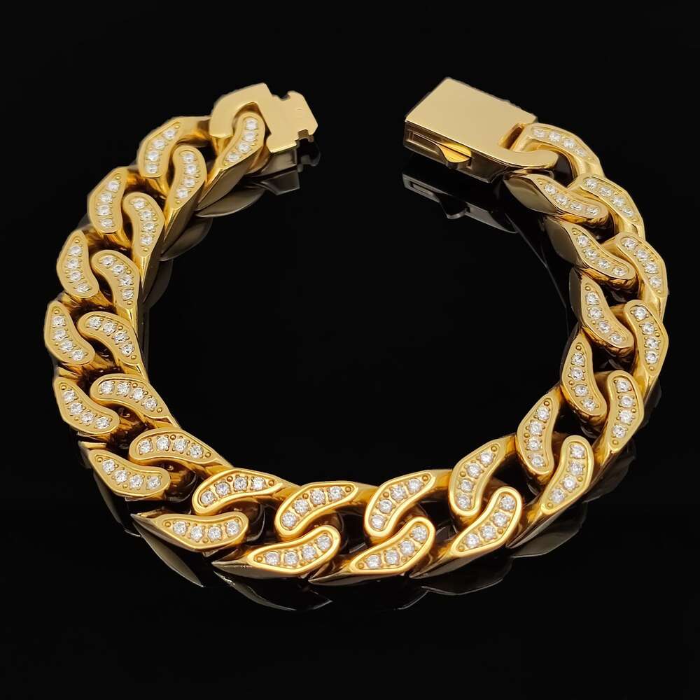 Gold studded Cuban bracelet hip-hop trendy brand full diamond jewelry stainless steel four sided grinding bracelet