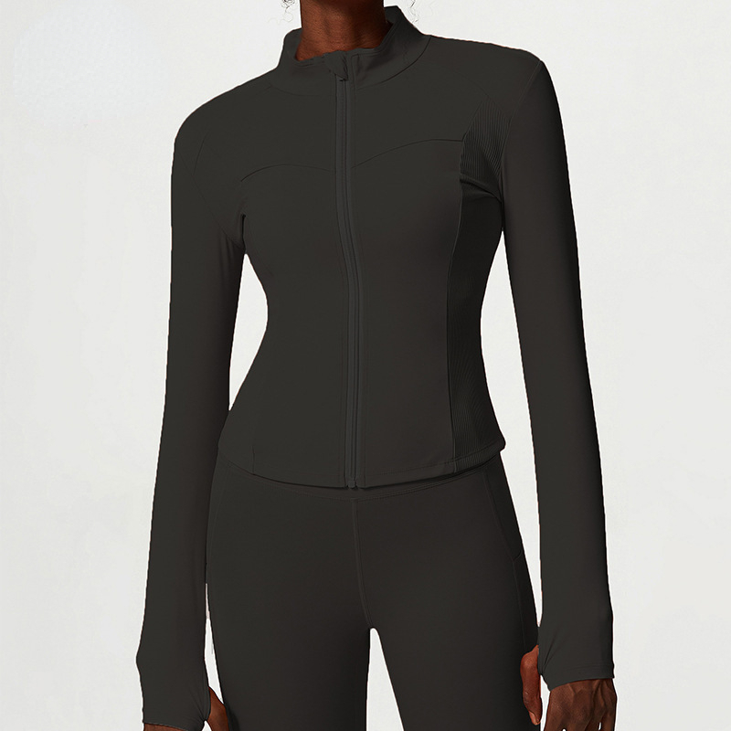 A67 Yoga Suit Womens Sports Jacket Ribbed Coat Stand Up Collar Breathable High Elasticity Tight Ssun Proof Zipper Shity