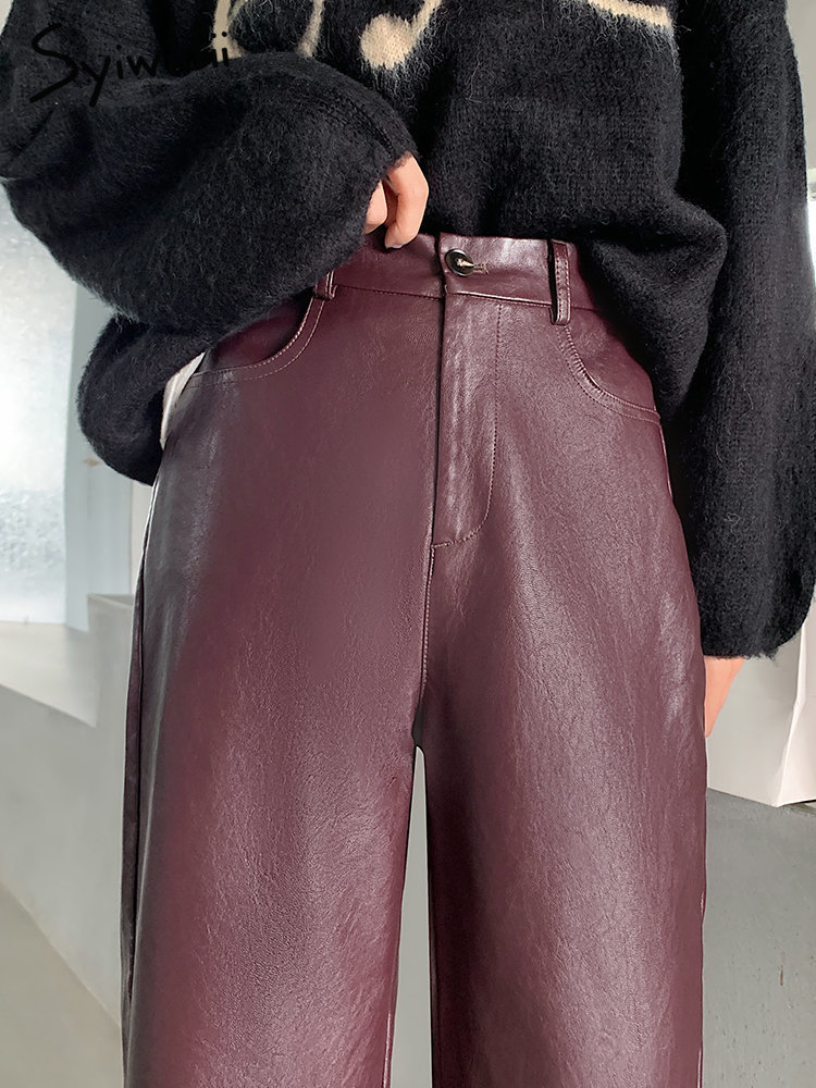 Women's Pants Capris Syiwidii Burgundy Leather Pants Women Wide Leg Trousers Korean Style Y2k Fashion Loose Pants High Waisted Black Pu Baggy Pan