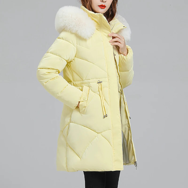 Women's Down Parkas Winter Mid Length Slim Women Casual Simple Solid Hooded Fur Collar Zippre Laceup Female Thicken Warm Coats 231120