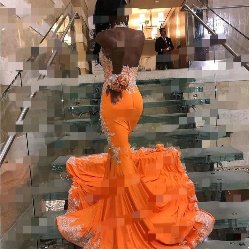Orange Halter Mermaid Long Prom Dresses Black Girls Lace Applique Backless Floor Length Formal Party Evening Gowns Custom Made