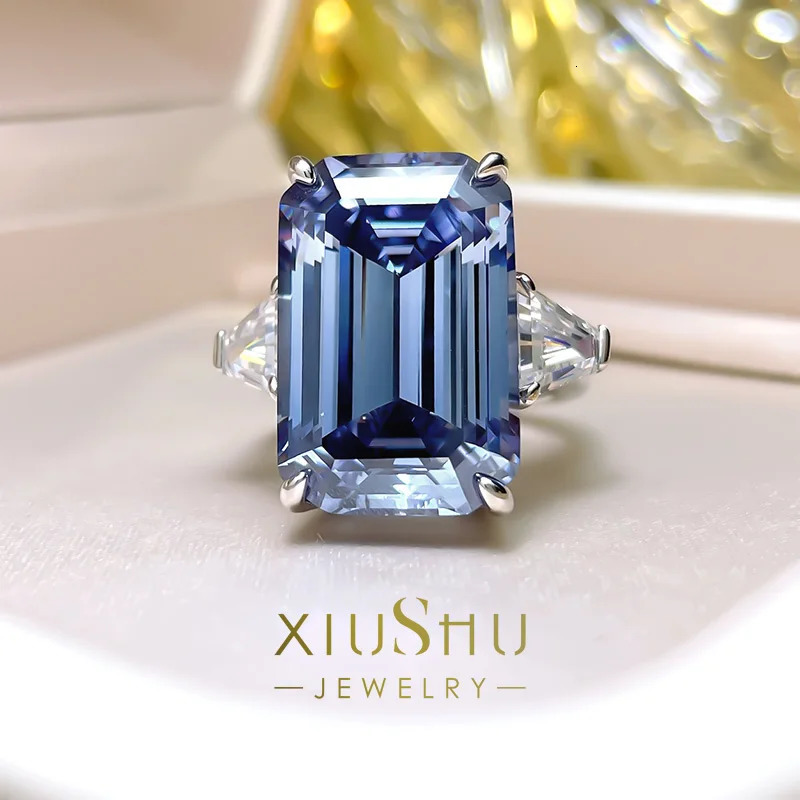 Wedding Rings Gaoding Big Rock Sugar Blue Grey High Carbon Diamond Ring Emerald Cut Index Finger Cool Wind Premium European And American 231120
