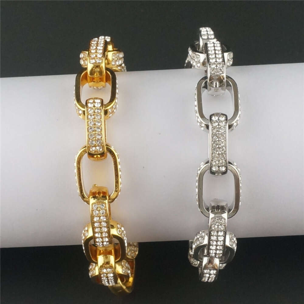 Simple square three-dimensional box chain full of rhinestones hiphop trendy Cuban chain bracelet thick bracelet