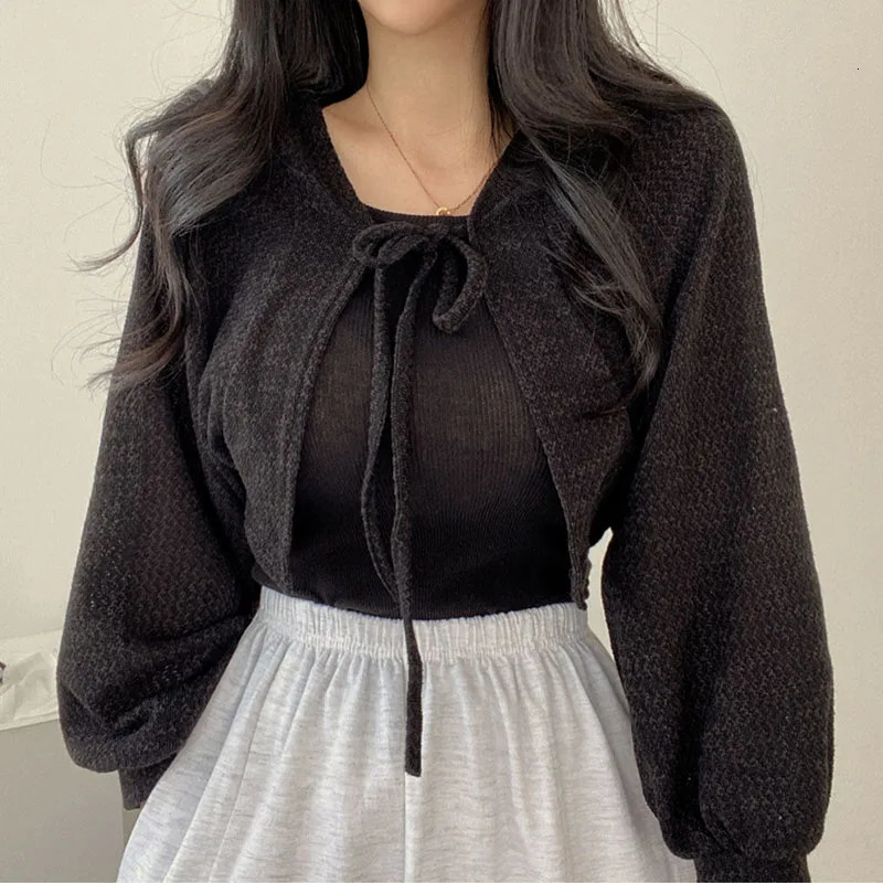 Women's Knits Tees Lucyever White Knitted Cardigan Women Summer Thin Sunscreen Lace-Up Knitwear Tops Female Korean Style Lantern Sleeve Short Coa