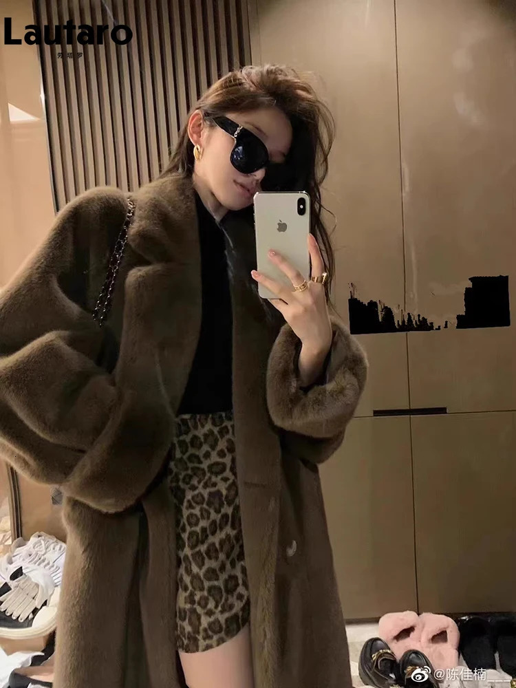Women's Fur Faux Lautaro Autumn Winter Long Black Warm Thick Soft Mink Coat Women Double Breasted Loose Casual Chic Fluffy Overcoat 2023 231120