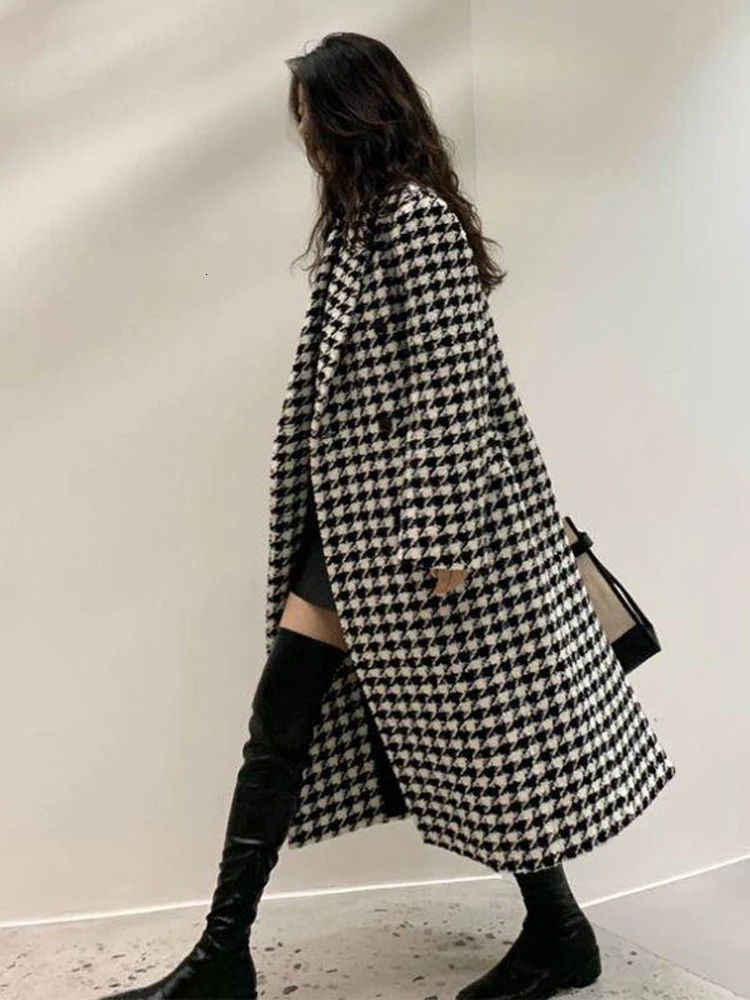 Women's Wool Blends Houndstooth Coat Women Vintage Faux Overcoat Female Autumn Winter Thick Warm Jacket Ladies Korean Fashion Long Blend Coats 23