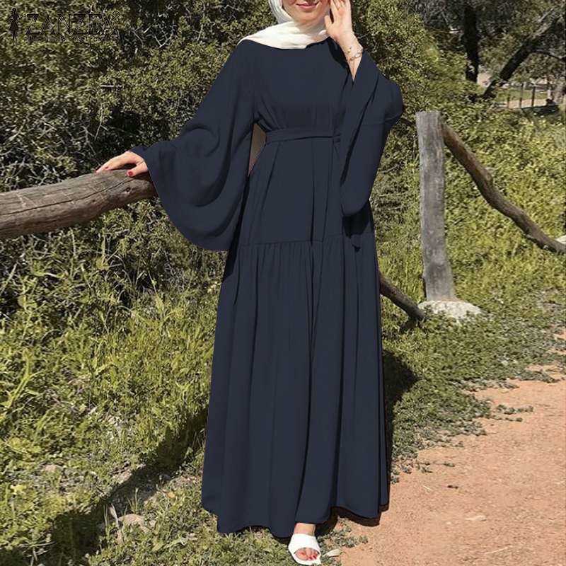 Elegant Lady Muslim Dress Autumn Long Sleeve Solid Color Casual Islamic Dress Katanf Holiday Gown