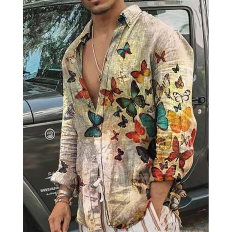 3D Butterfly Print Hawaiian Shirt For Men - Summer Beach Casual Long Sleeve Button Down Blouse