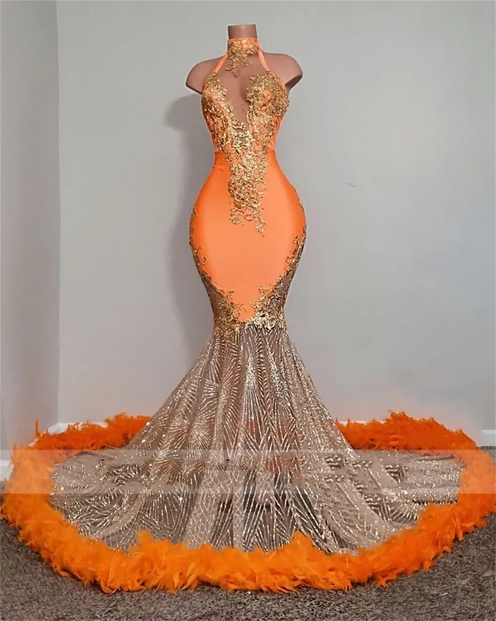 Girls Black Mermaid Prom Dresses Satin Beading Sequined High Neck Feathers Skirt Evening Party Formal Gowns Dress BC