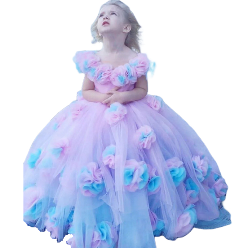 3D Foral Appliques Cute Flower Girls Dresses For Child 2023 Colorful Toddler Kids Brithday Party Gowns V-neck Sleeveless Princess First Communion Dres