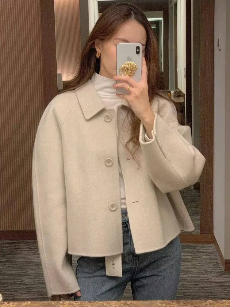 Women's Wool Blends Short Winter Coat Jacket Lapel Single Breasted Female Woolen Outerwears Stylish Tops 2023 231120