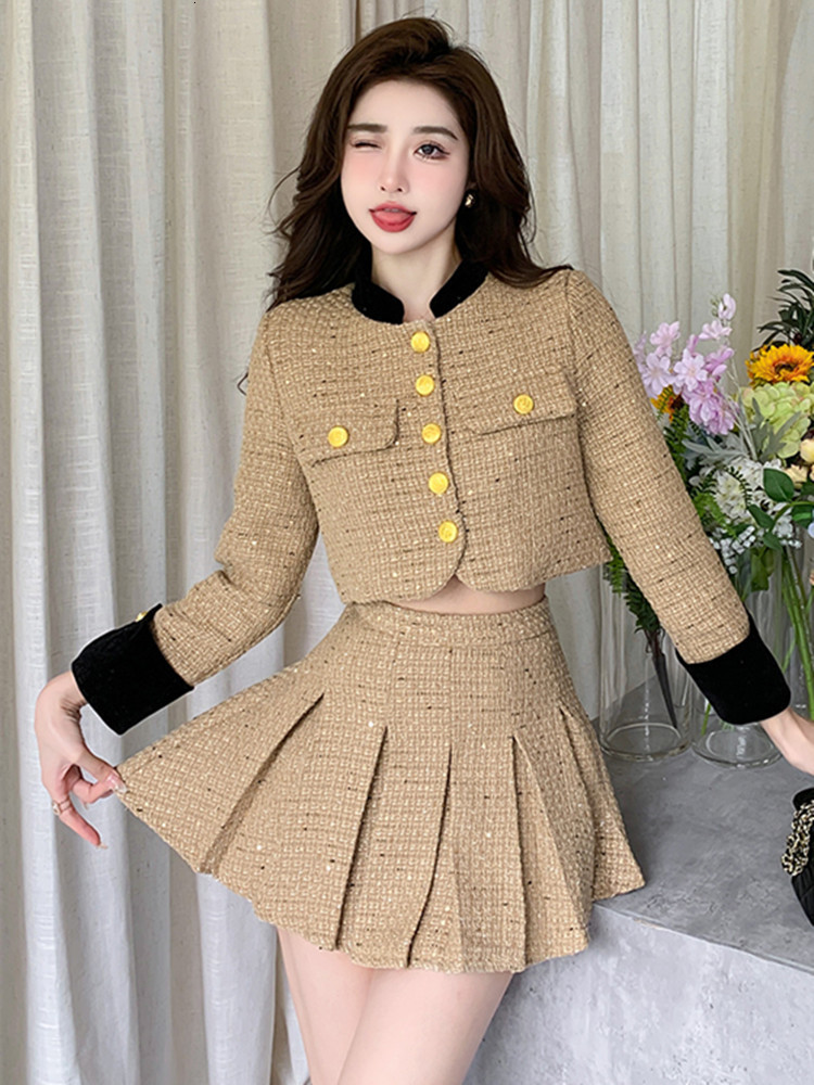 Two Piece Dress British style Patchwork Tweed Short Jacket Women's Two Piece Sets Outfits Female Y2k Retro High Waist Pleated Skirt 2 Piece Set 2