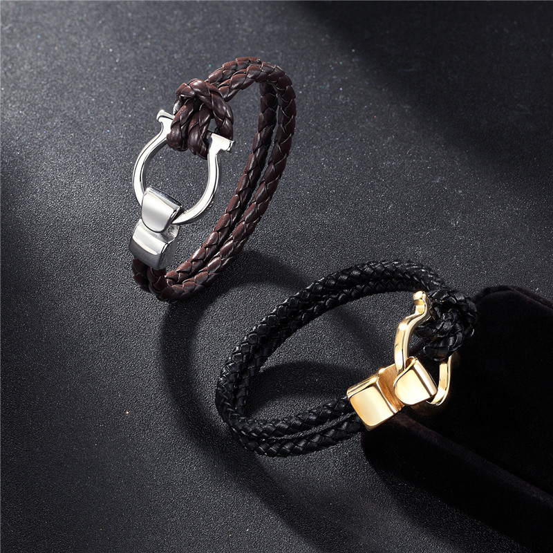 Men Jewelry Punk Black Braided Geunine Leather Bracelet Stainless Steel Anchor Buckle Fashion Bangles gift