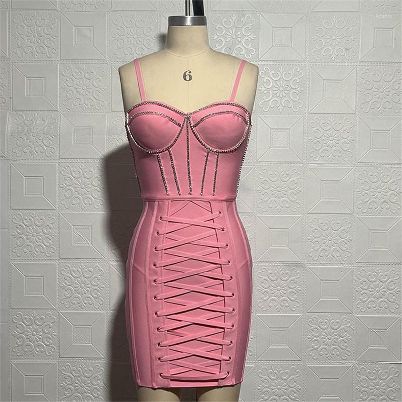 New Casual Dresses Spaghetti Strap Diamonds Bandage Dress Sleeveless Strapless Bodycon Mini Vestidos Pink Celebrity Evening Party