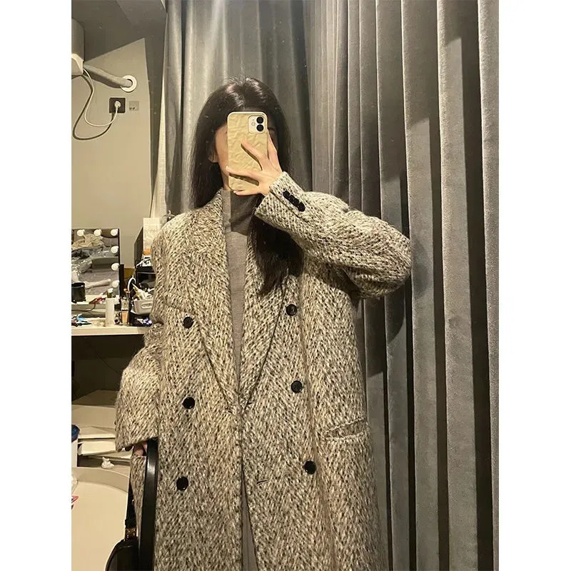 Women's Wool Blends Retro Temperament Herringbone Pattern Coat 2023 Winter Women Double Breasted Woolen Coats Office Lday Thick Fashion Long 2311