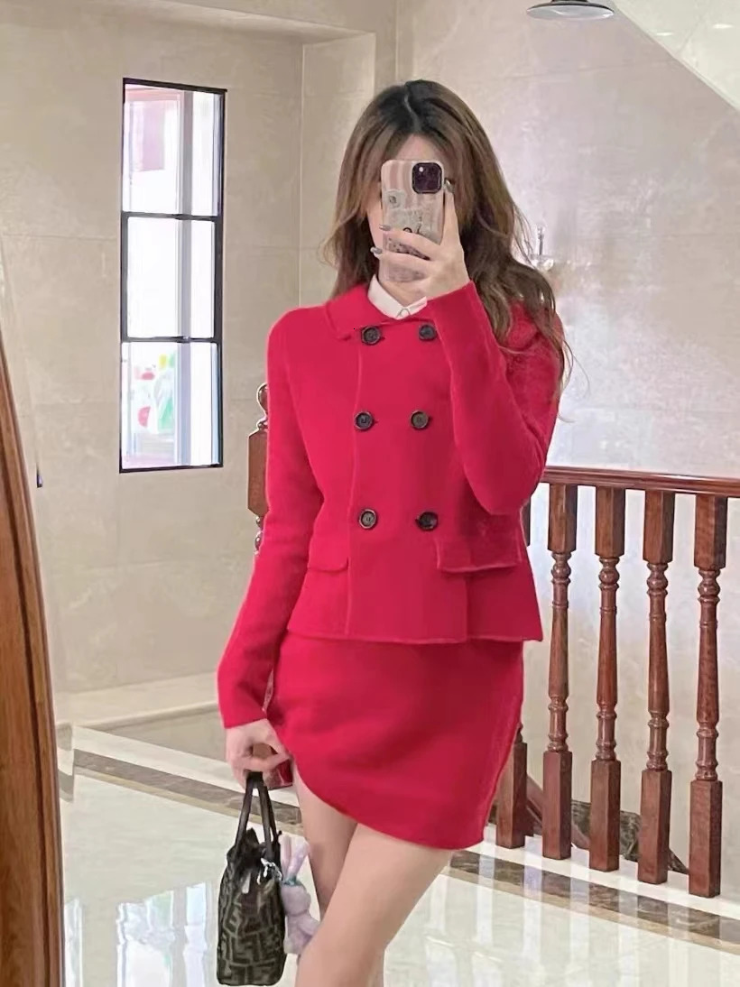 Women's Suits Blazers TRAF Women Wool Blazer Set Red Lapel Long Sleeves Blazer Fashion Double Breasted Short Jackets OuterwearsMini Skirt Autumn 